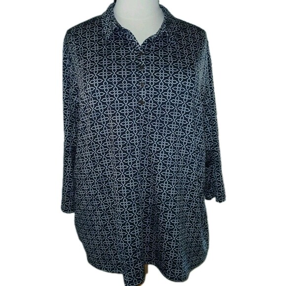 Tops - CROFT BARROW Womens 3X Career Casual Geo Print Stretch 3/4 Sleeve Top Black